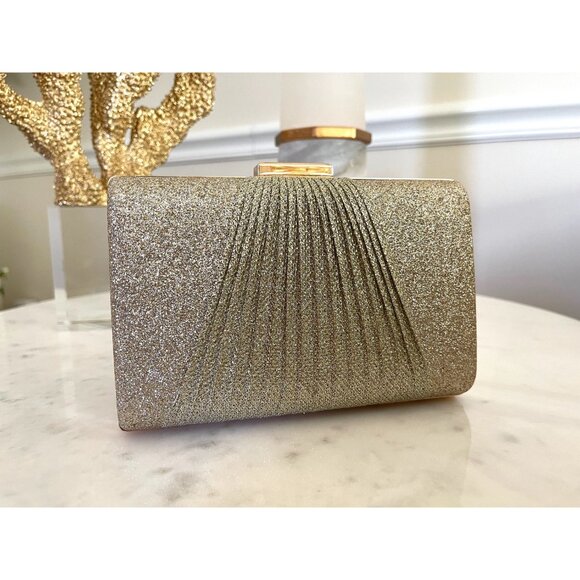 Gold Shimmer Pleated Front Clutch, Champagne Clutch Bag, Fancy Evening Bag - Picture 2 of 9